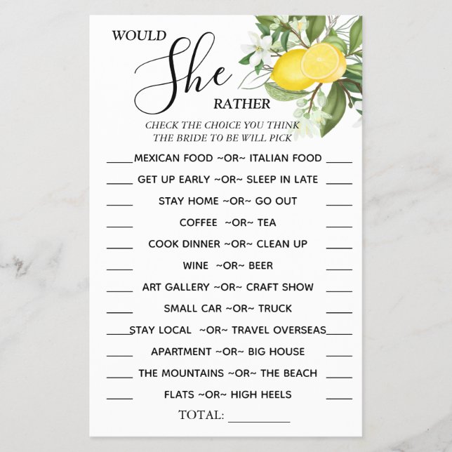 Lemony Would She Rather shower game card (Front)