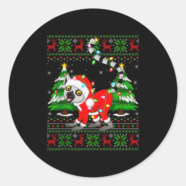 Lemur Christmas Lights Santa Costume Ugly Xmas Swe Classic Round Sticker (Front)