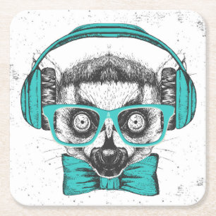 Lemur   Music Lover Square Paper Coaster
