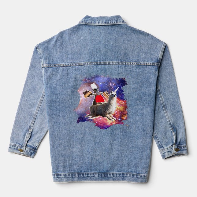 Lemur Riding Llama Unicorn Eating Cake  Denim Jacket (Back)