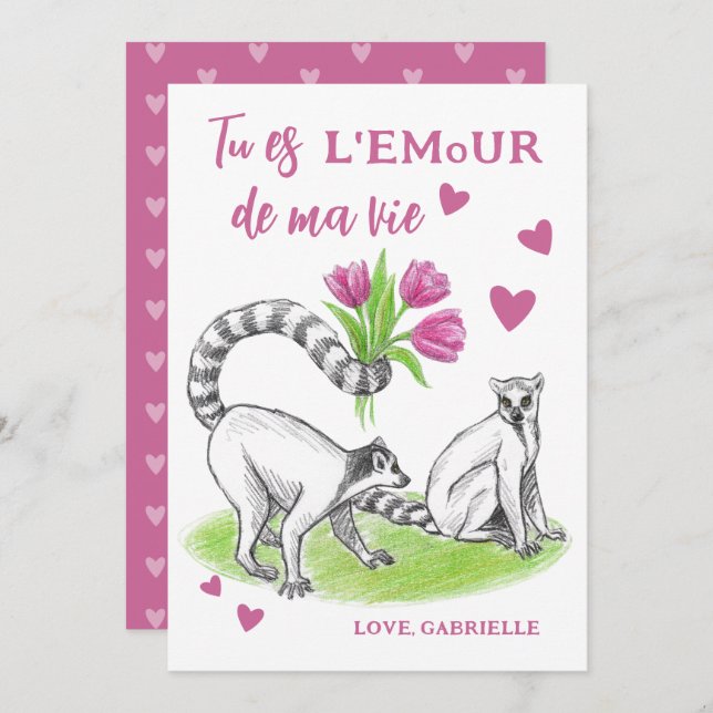 Lemur with Tulips Romantic Love Funny French Quote Holiday Card (Front/Back)