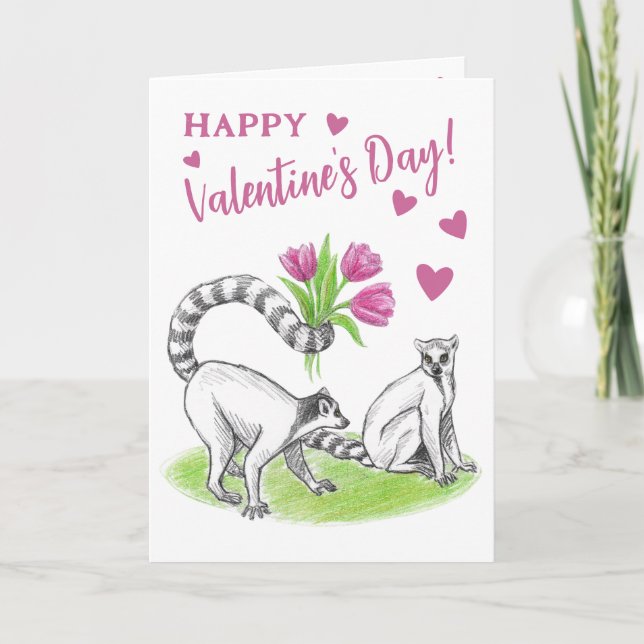 Lemur with Tulips Romantic Love Funny Valentine Holiday Card (Front)