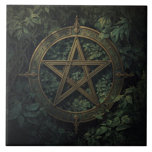 Lemurian Inspired Green Witch Pentacle With Plants Ceramic Tile (Front)