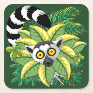 Lemurs of Madagascar in Exotic Jungle  Square Paper Coaster