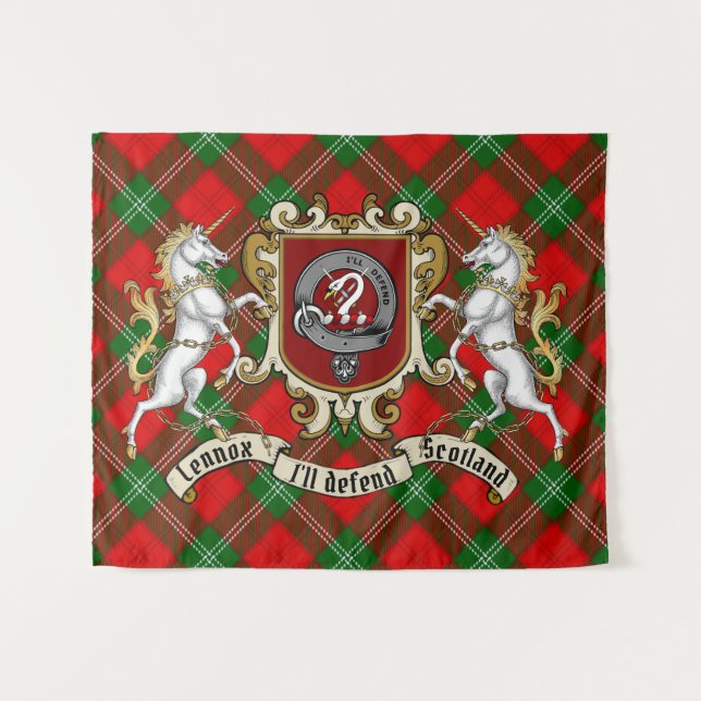 Lennox Clan Badge & Unicorns w/Tartan Tapestry (Front (Horizontal))