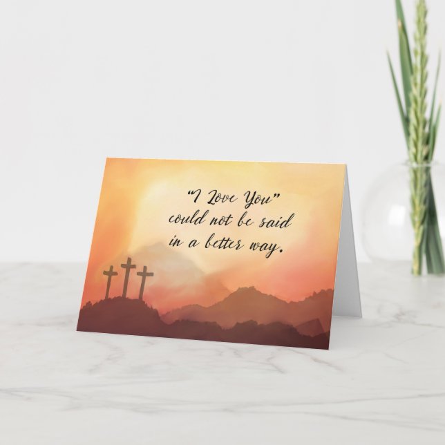 Lent Love Sunset over Mountains with Three Crosses Card (Front)