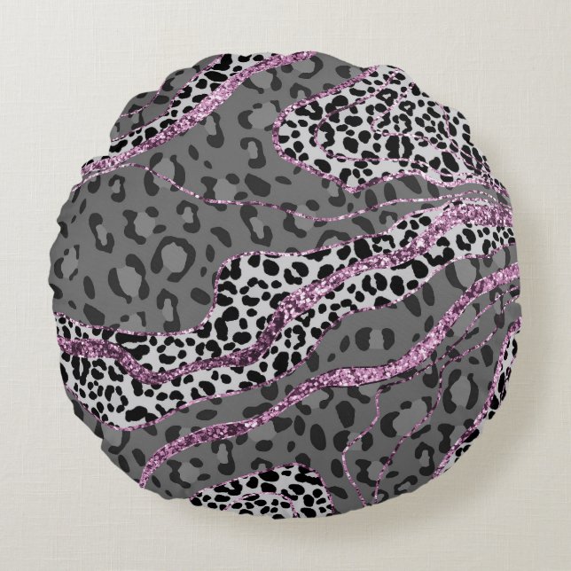 Leo Animal Print Glitter Glam 3 Round Cushion (Front)