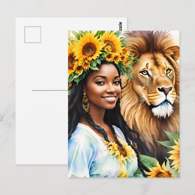 Leo Black Woman With Sunflowers and Lion Postcard (Front/Back)