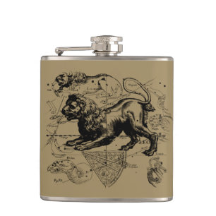Leo Constellation Map Hevelius 1690 on Taupe Hip Flask