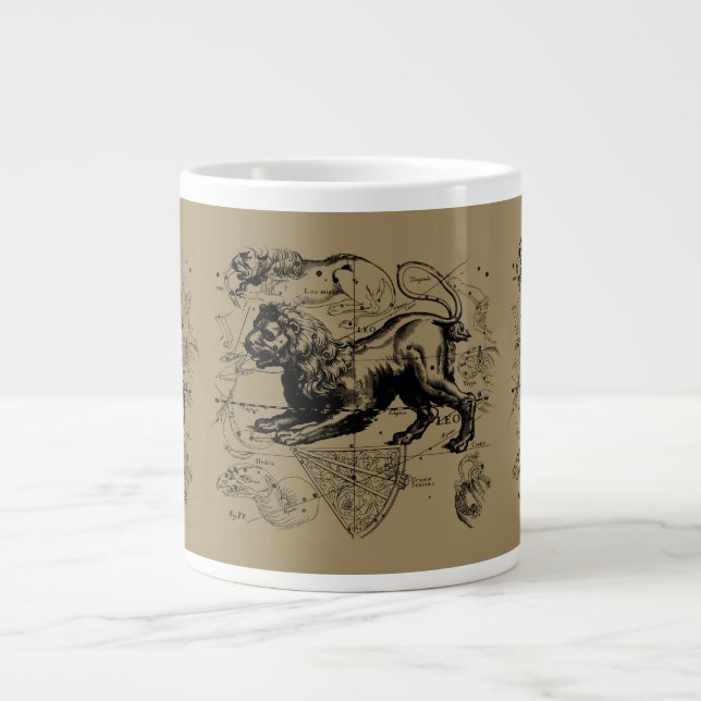 Leo Constellation Map Hevelius 1690 on Taupe Large Coffee Mug (Front)