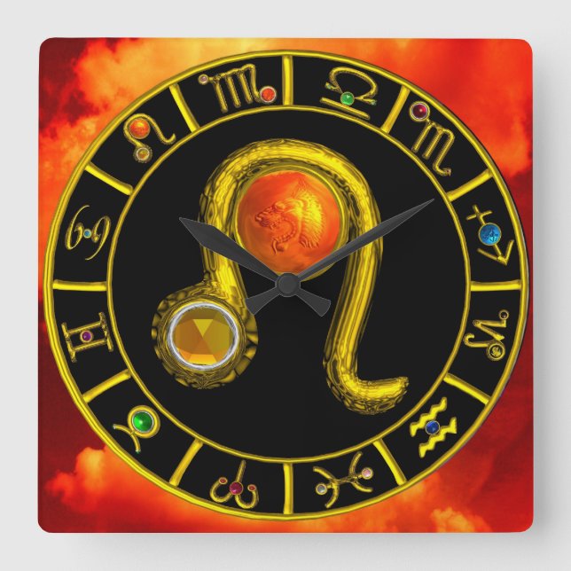 LEO GOLD ZODIAC BIRTHDAY JEWEL,Yellow,Black Square Wall Clock (Front)