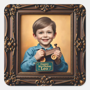 LEO ~ HAPPY BIRTHDAY ~ Wooden Train ~ Square Sticker