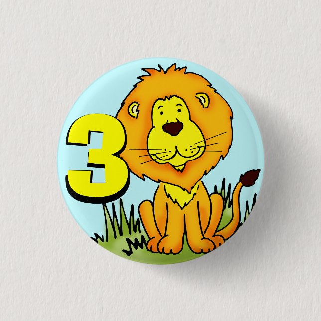 Leo Lion age 3 button - blue, orange & yellow (Front)