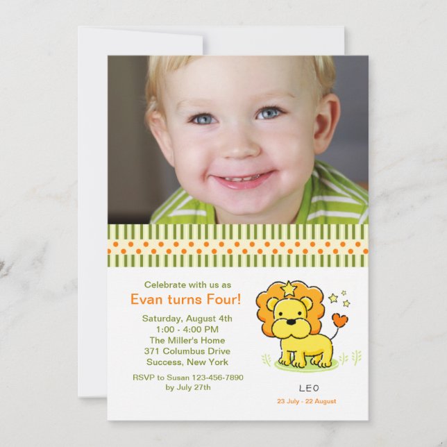 Leo Photo Birthday Party Invitation (Front)