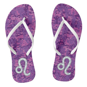 Leo Sign on Girly Pink Fuchsia Digital Camo Thongs