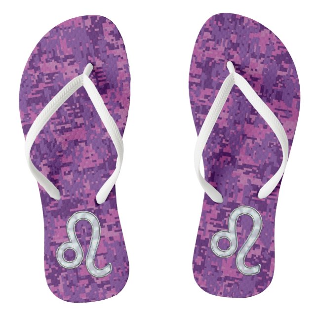 Leo Sign on Girly Pink Fuchsia Digital Camo Thongs (Footbed)