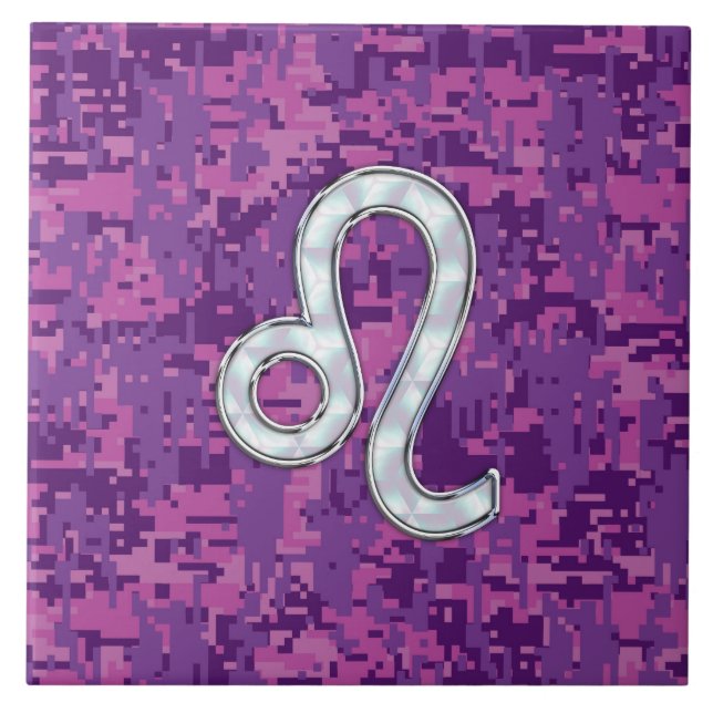 Leo Sign on Pink Fuchsia Digital Camouflage Ceramic Tile (Front)