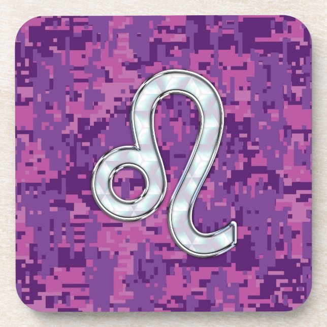 Leo Sign on Pink Fuchsia Digital Camouflage Coaster (Front)