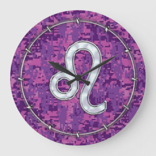 Leo Sign on Pink Fuchsia Digital Camouflage Large Clock