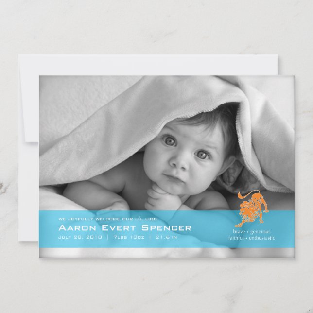 Leo the Lion Photo Birth Announcement Card (Front)