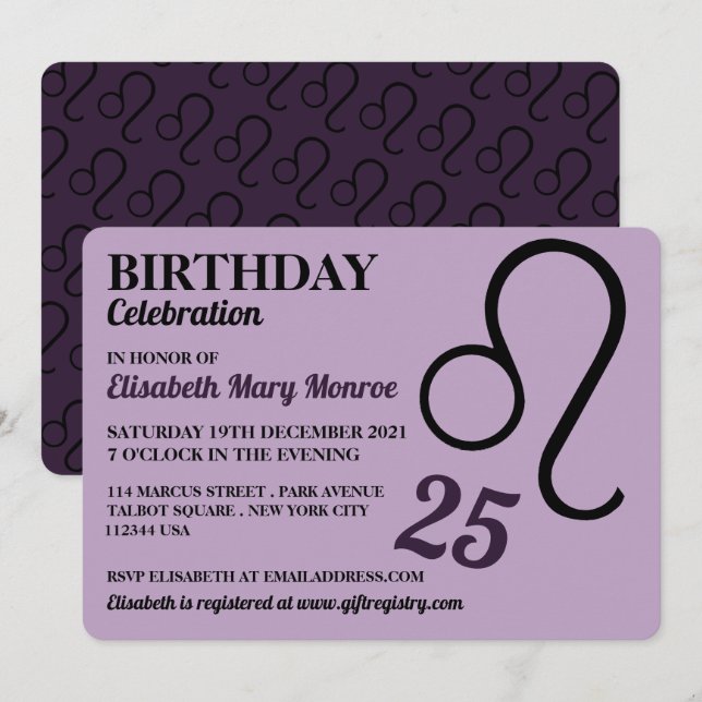 Leo, The Lion, Zodiac Star Sign, Birthday Invitation (Front/Back)