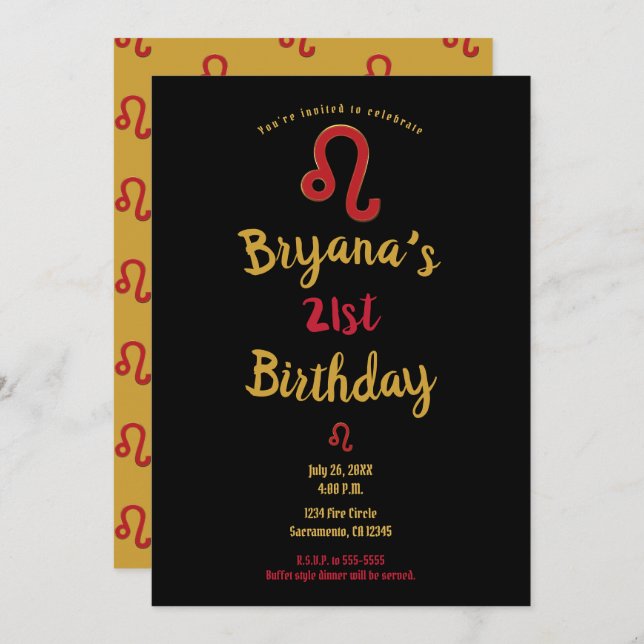 LEO Zodiac Astrology July August Birthday Party Invitation (Front/Back)