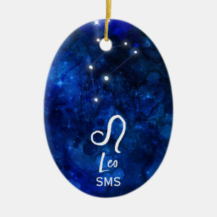 Leo Zodiac Constellation Dark Blue Galaxy Monogram Ceramic Ornament