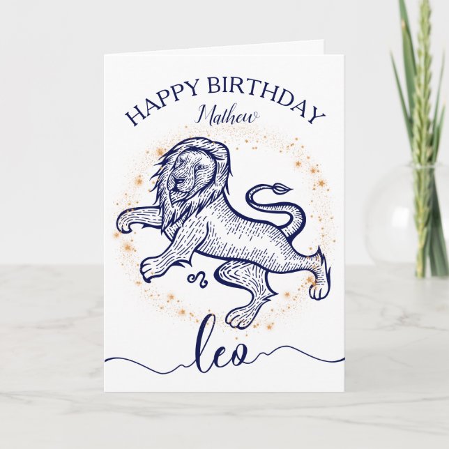 Leo Zodiac Navy & Gold Monochrome Birthday Card (Front)