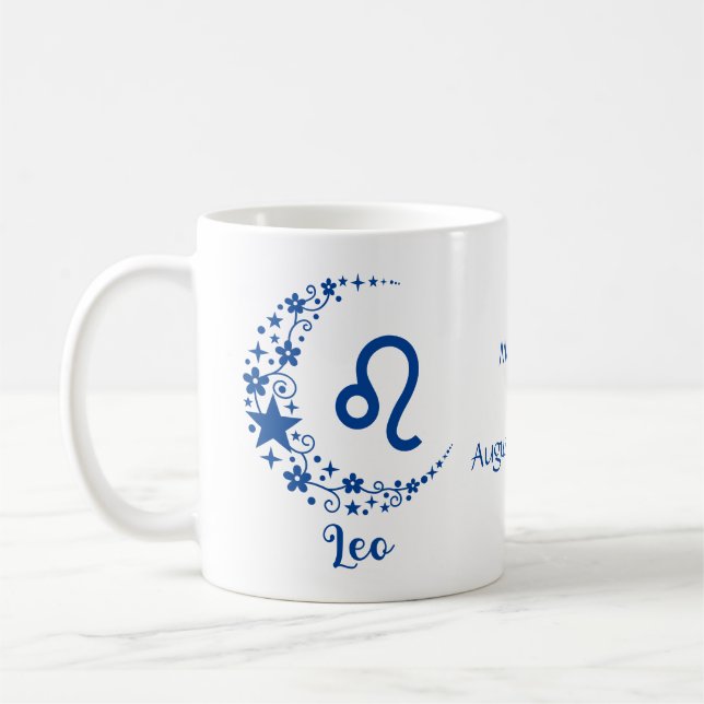 Leo Zodiac Sign Astrology Birthday Blue White Coffee Mug (Left)