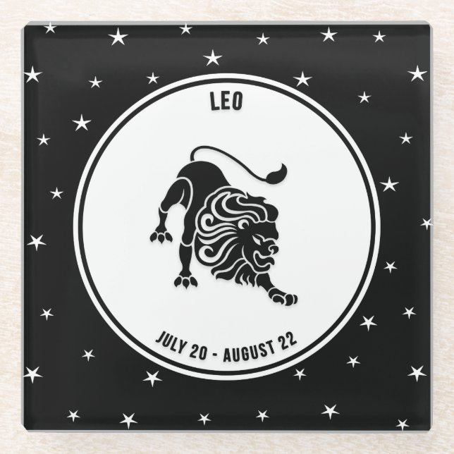 Leo Zodiac Sign, Black & White Glass Coaster (Front)