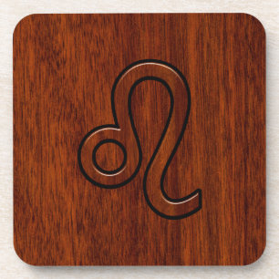 Leo Zodiac Sign in Brown Mahogany wood style Coaster