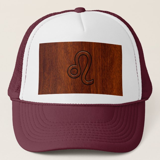 Leo Zodiac Sign in Brown Mahogany wood style Trucker Hat (Front)