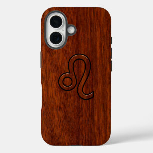 Leo Zodiac Sign in Mahogany wood style iPhone 16 Case