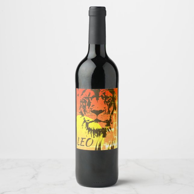 LEO Zodiac Sign ~ Lion Face and Sunset Wine Label (Front)