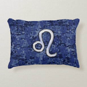 Leo Zodiac Sign on Blue Digital Camouflage Decorative Cushion