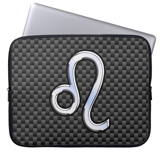 Leo Zodiac Sign on Charcoal Carbon Fibre Print Laptop Sleeve (Front)