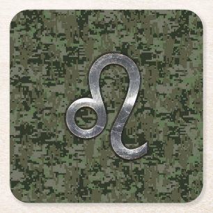 Leo Zodiac Sign on Green Digital Camo Square Paper Coaster