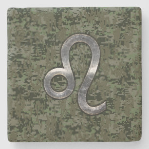 Leo Zodiac Sign on Green Digital Camo Stone Coaster