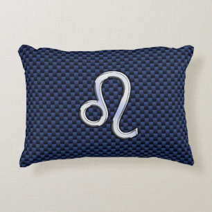 Leo Zodiac Sign on Navy Blue Carbon Fibre Print Decorative Cushion