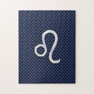 Leo Zodiac Sign on Navy Blue Carbon Fibre Print Jigsaw Puzzle