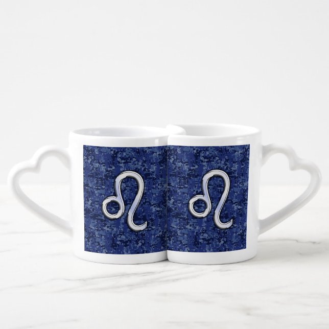 Leo Zodiac Sign on Navy Blue Digital Camo Coffee Mug Set (Front Nesting)