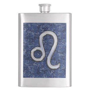 Leo Zodiac Sign on Navy Blue Digital Camo Hip Flask