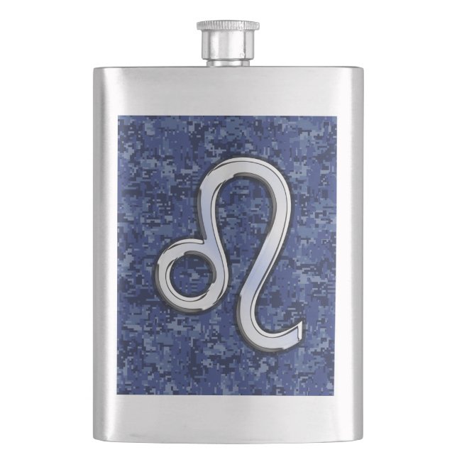 Leo Zodiac Sign on Navy Blue Digital Camo Hip Flask (Front)