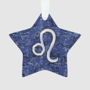 Leo Zodiac Sign on Navy Blue Digital Camo Ornament