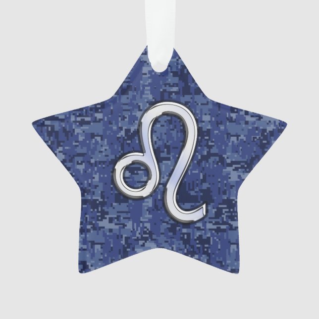 Leo Zodiac Sign on Navy Blue Digital Camo Ornament (Front)