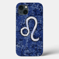 Leo Zodiac Sign on Navy Blue Digital Camouflage