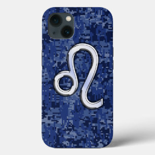 Leo Zodiac Sign on Navy Blue Digital Camouflage iPhone Case