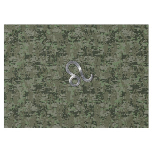 Leo Zodiac Sign on Olive Green Digital Camo Tablecloth