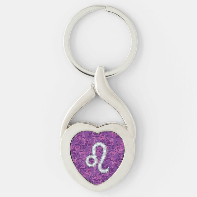 Leo Zodiac Sign on Pink Fuchsia Digital Camo Key Ring (Front)