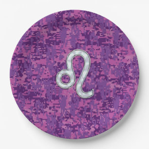 Leo Zodiac Sign on Pink Fuchsia Digital Camo Paper Plate